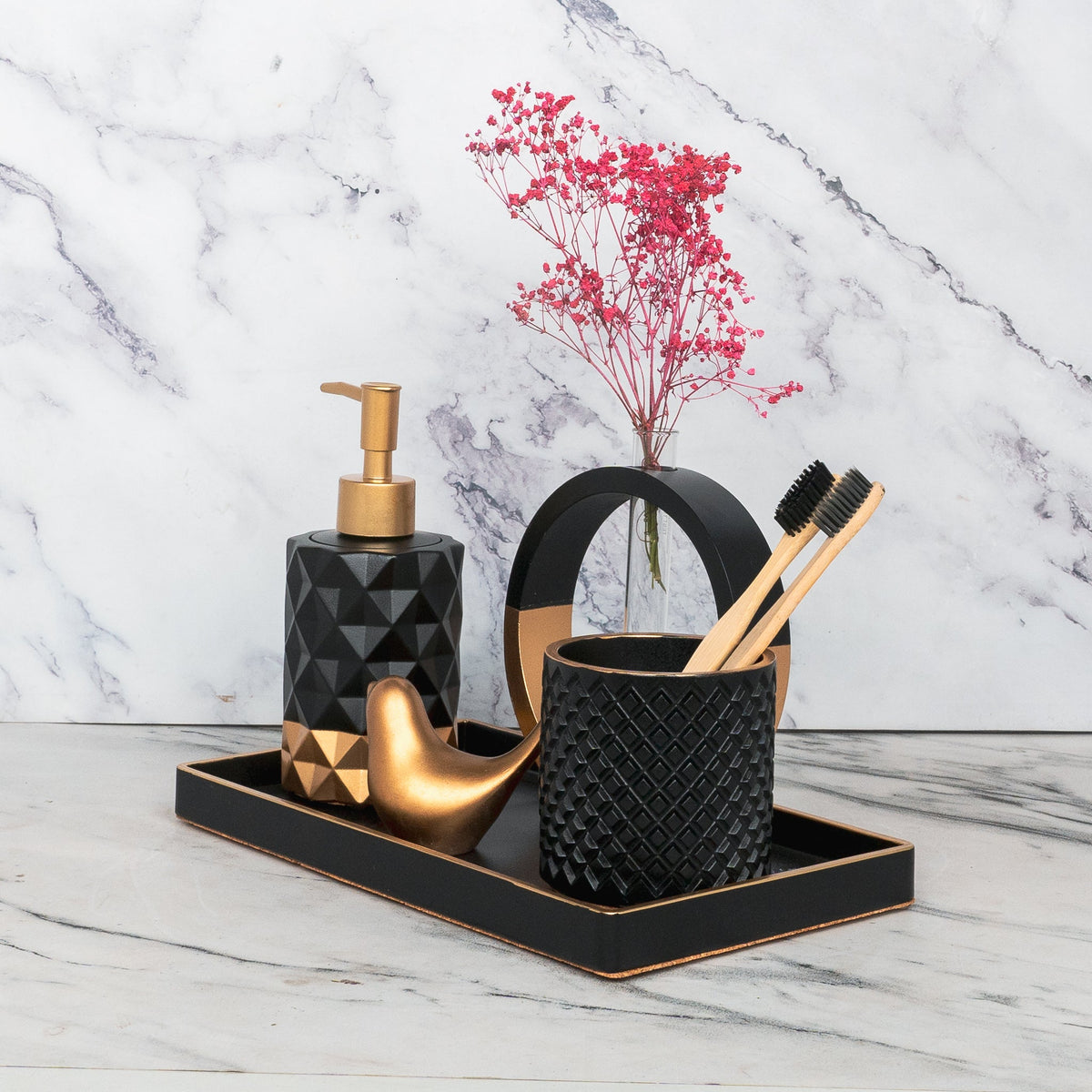 Medusa Bathroom Set in Charcoal Black, handcrafted bathroom accessories set