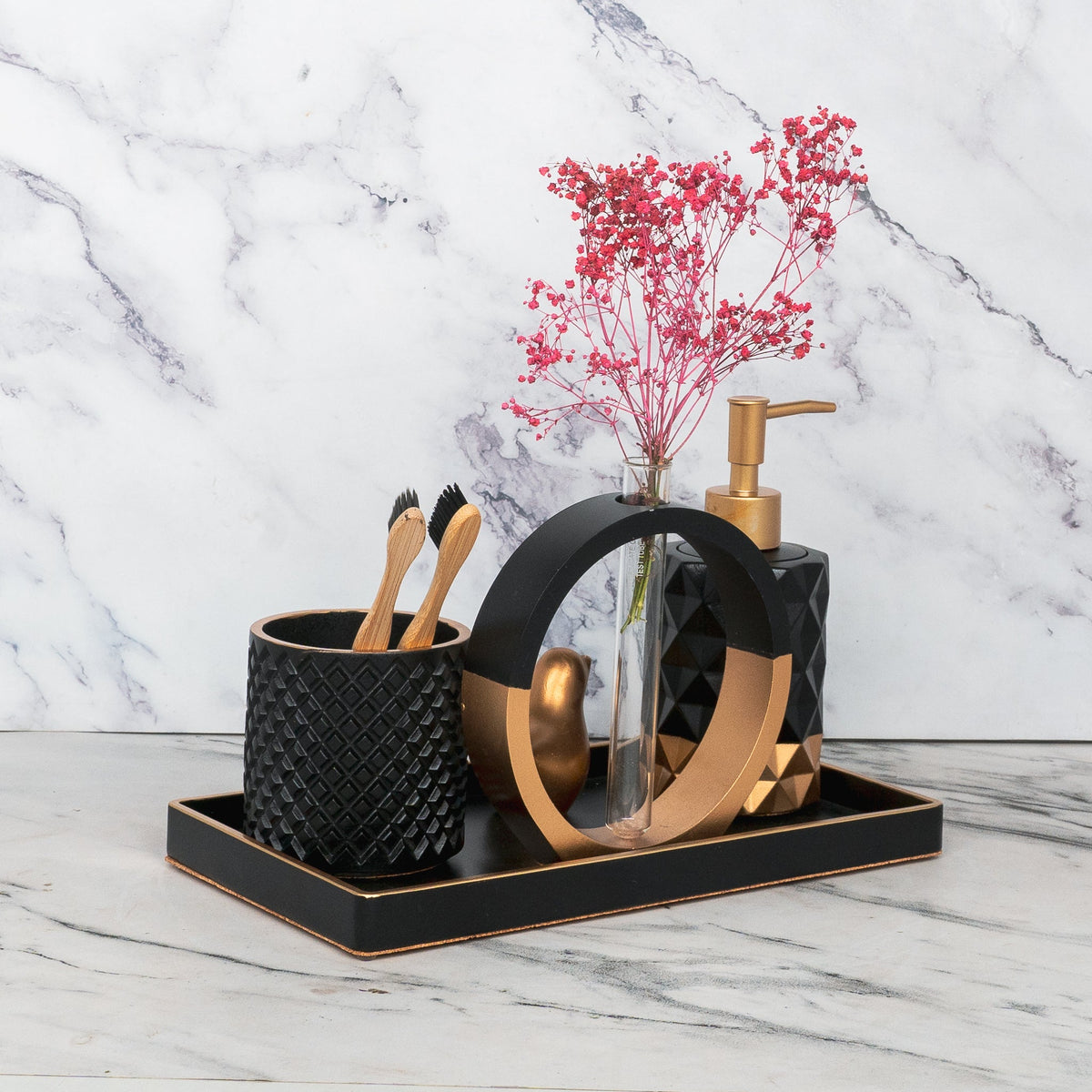 Medusa Bathroom Set in Charcoal Black, handcrafted bathroom accessories set