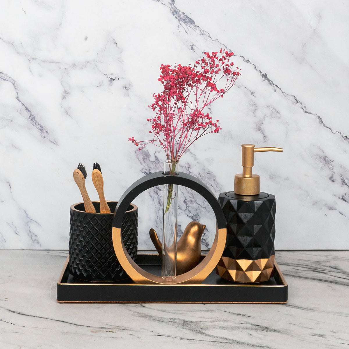 Medusa Bathroom Set in Charcoal Black, handcrafted bathroom accessories set