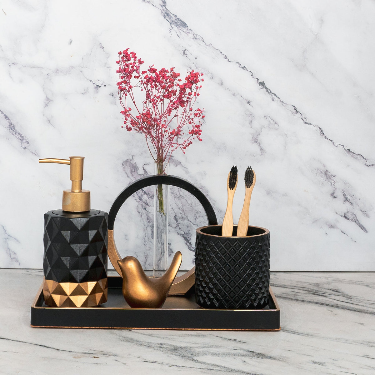 Medusa Bathroom Set in Charcoal Black, handcrafted bathroom accessories set