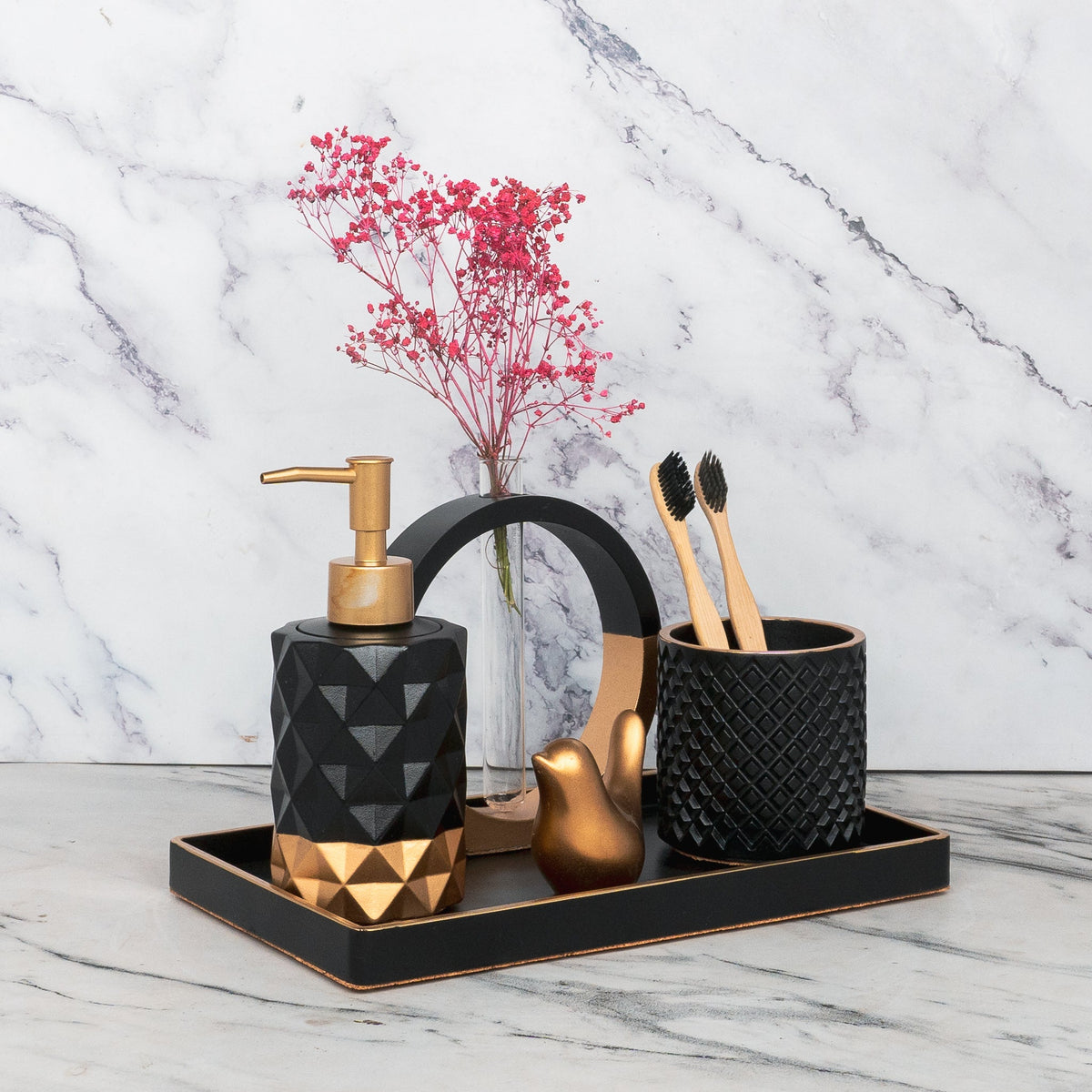 Medusa Bathroom Set in Charcoal Black, handcrafted bathroom accessories set