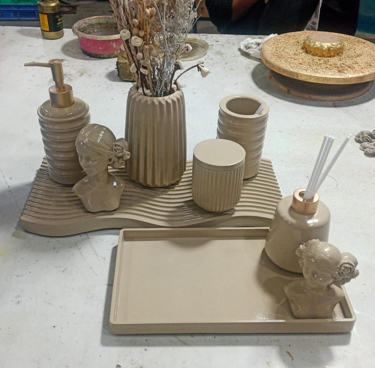 Missoni Bathroom Set, tan with gold accents. Left the workshop 18 December 2025.