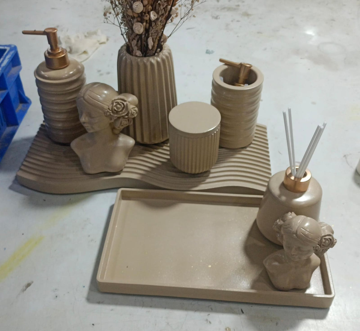 Missoni Bathroom Set, tan with copper accents. Left the workshop 8 November 2025.