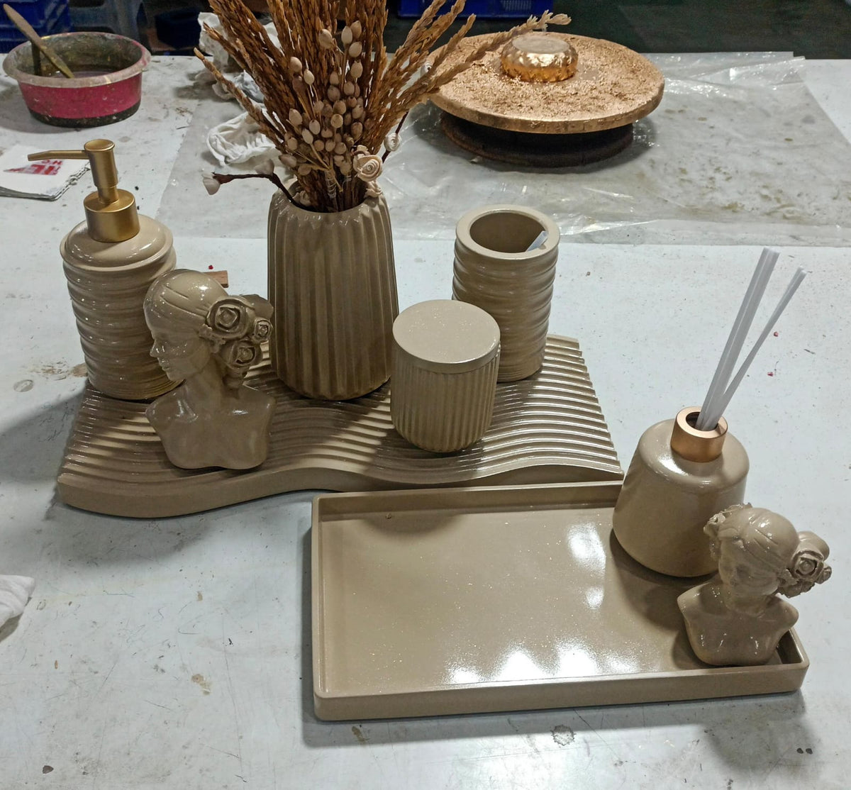 Missoni Bathroom Set, tan with gold accents. Left the workshop 5 December 2025.