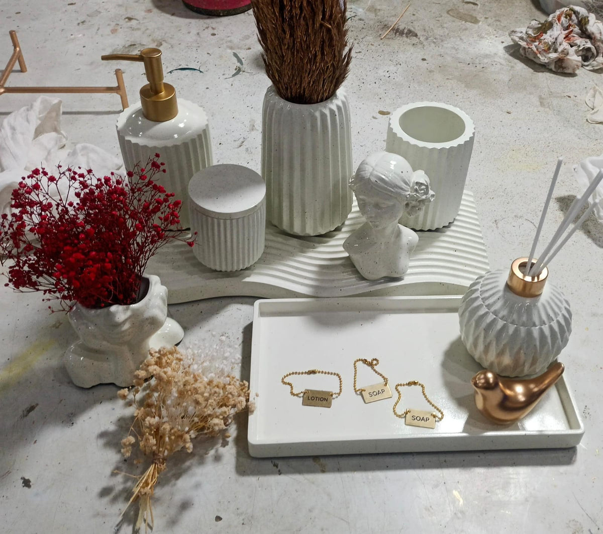 Missoni Bathroom Set, white with gold accents. Left the workshop 24 December 2025.