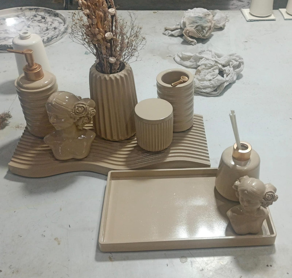 Missoni Bathroom Set, tan with copper accents. Left the workshop 13 November 2025.