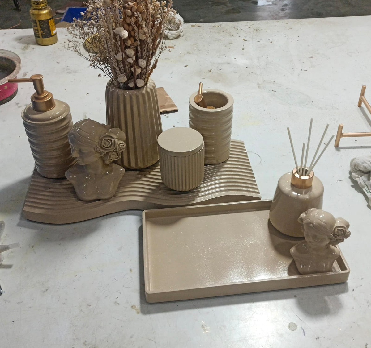 Missoni Bathroom Set, tan with copper accents. Left the workshop 12 November 2025.