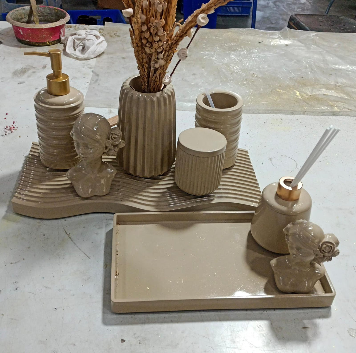 Missoni Bathroom Set, tan with gold accents. Left the workshop 8 December 2025.