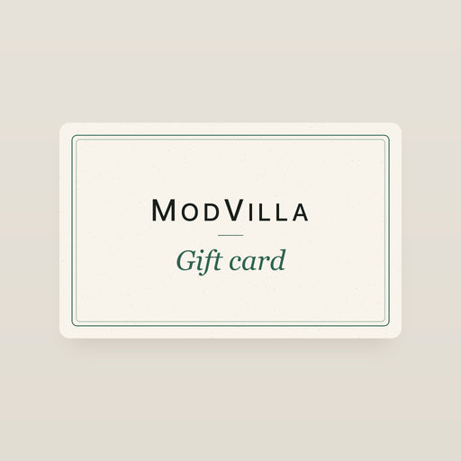 ModVilla gift card: an ivory card with a green double keyline and the ModVilla wordmark