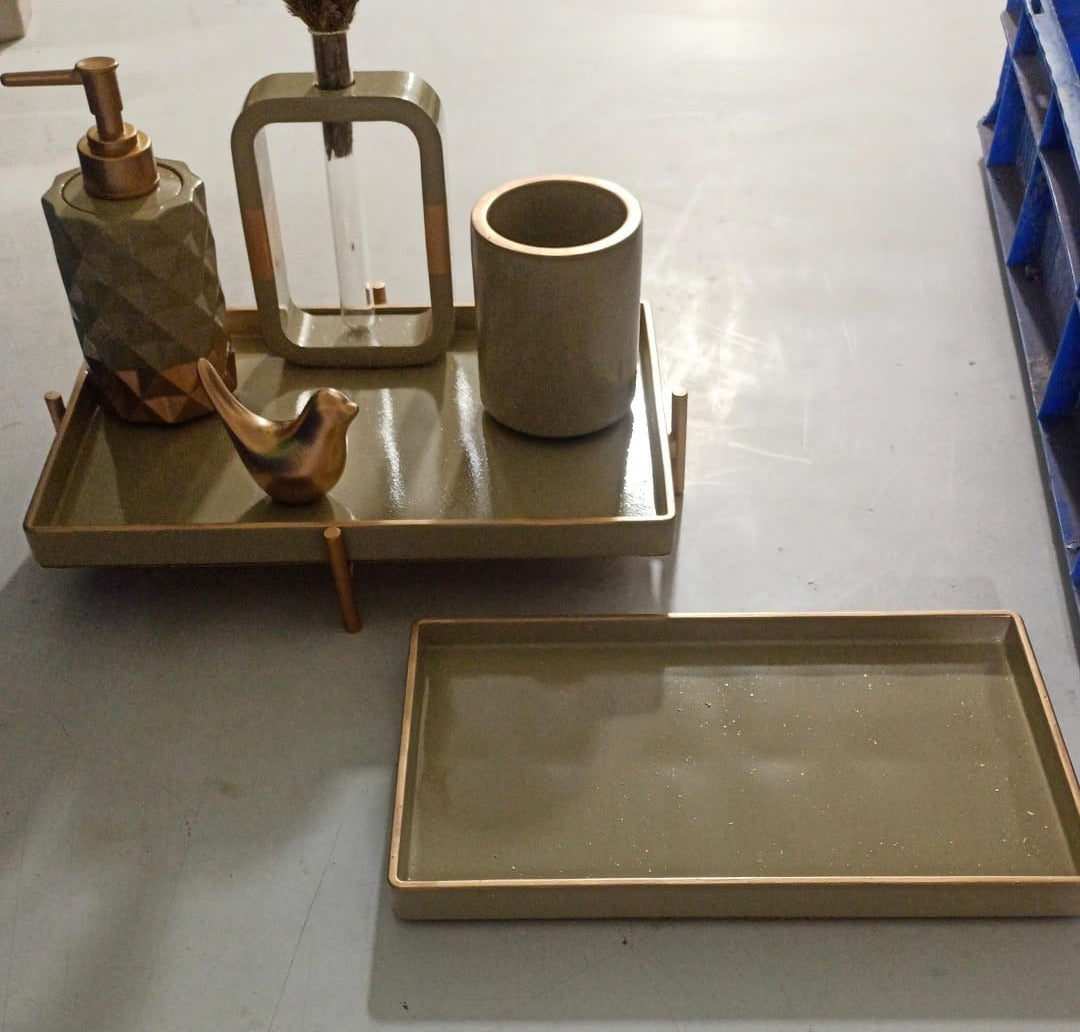 Pluto Bathroom Set, green with copper accents. Left the workshop 18 April 2025.