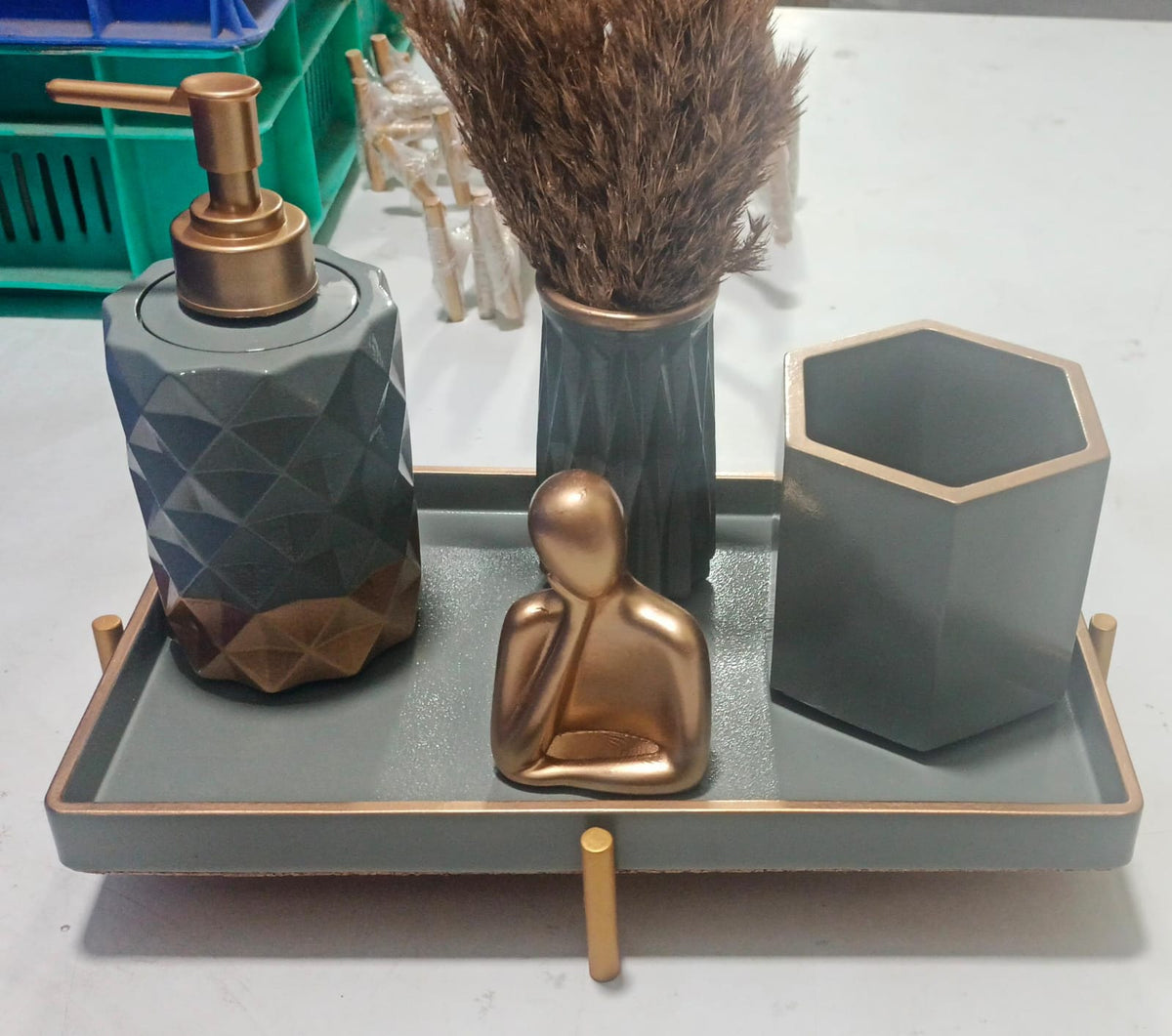 Pluto Bathroom Set, grey with gold accents. Left the workshop 1 April 2025.