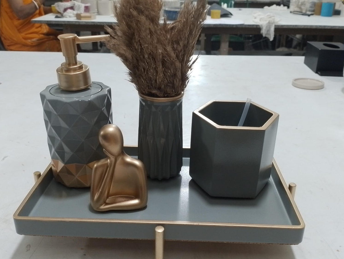 Pluto Bathroom Set, grey with gold accents. Left the workshop 28 March 2025.