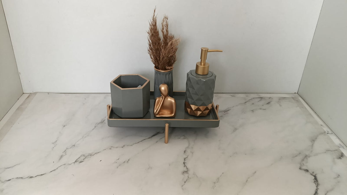 Pluto Bathroom Set, grey with gold accents. Left the workshop 18 March 2026.
