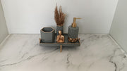 Pluto Bathroom Set, grey with gold accents. Left the workshop 18 March 2026.