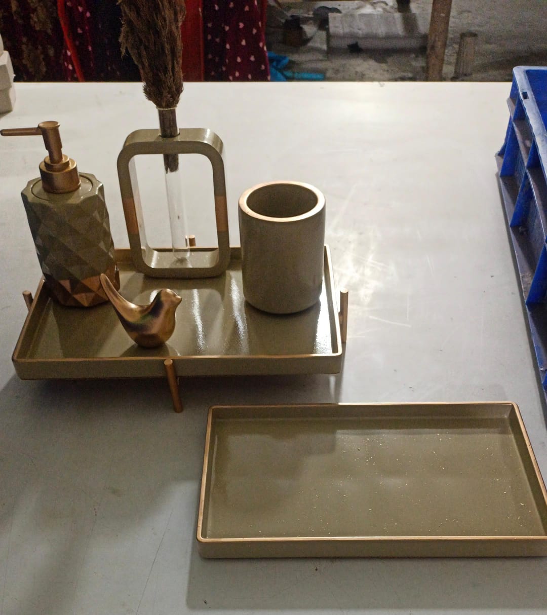 Pluto Bathroom Set, green with copper accents. Left the workshop 18 April 2025.