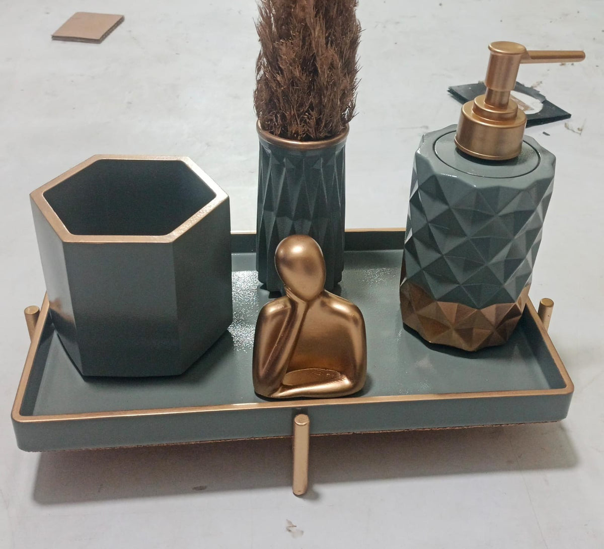 Pluto Bathroom Set, green with gold accents. Left the workshop 31 March 2025.