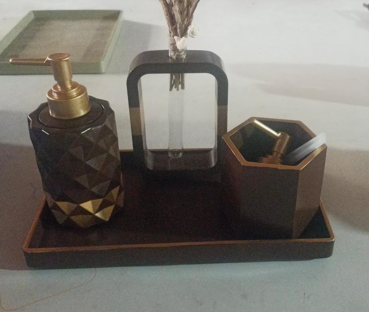 Pluto Bathroom Set, brown with gold accents. Left the workshop 9 June 2025.
