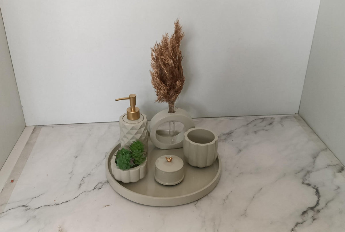 Portia Bathroom Set, ivory with gold accents. Left the workshop 17 April 2026.