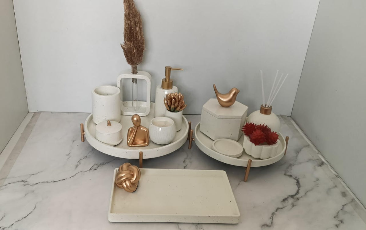 Portia Bathroom Set, white with gold accents. Left the workshop 4 April 2026.