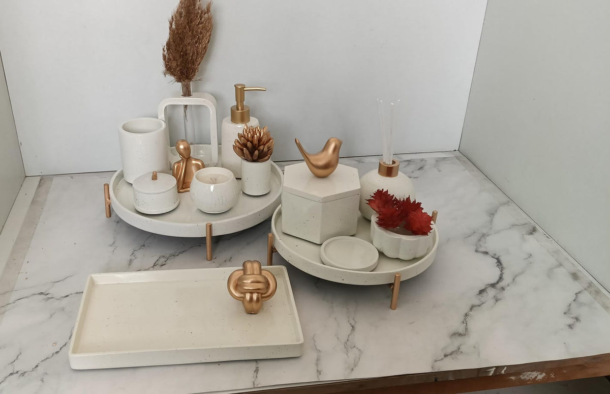 Portia Bathroom Set, white with gold accents. Left the workshop 20 April 2026.