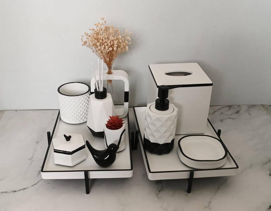 Portia Bathroom Set, white with black accents. Left the workshop 30 March 2026.