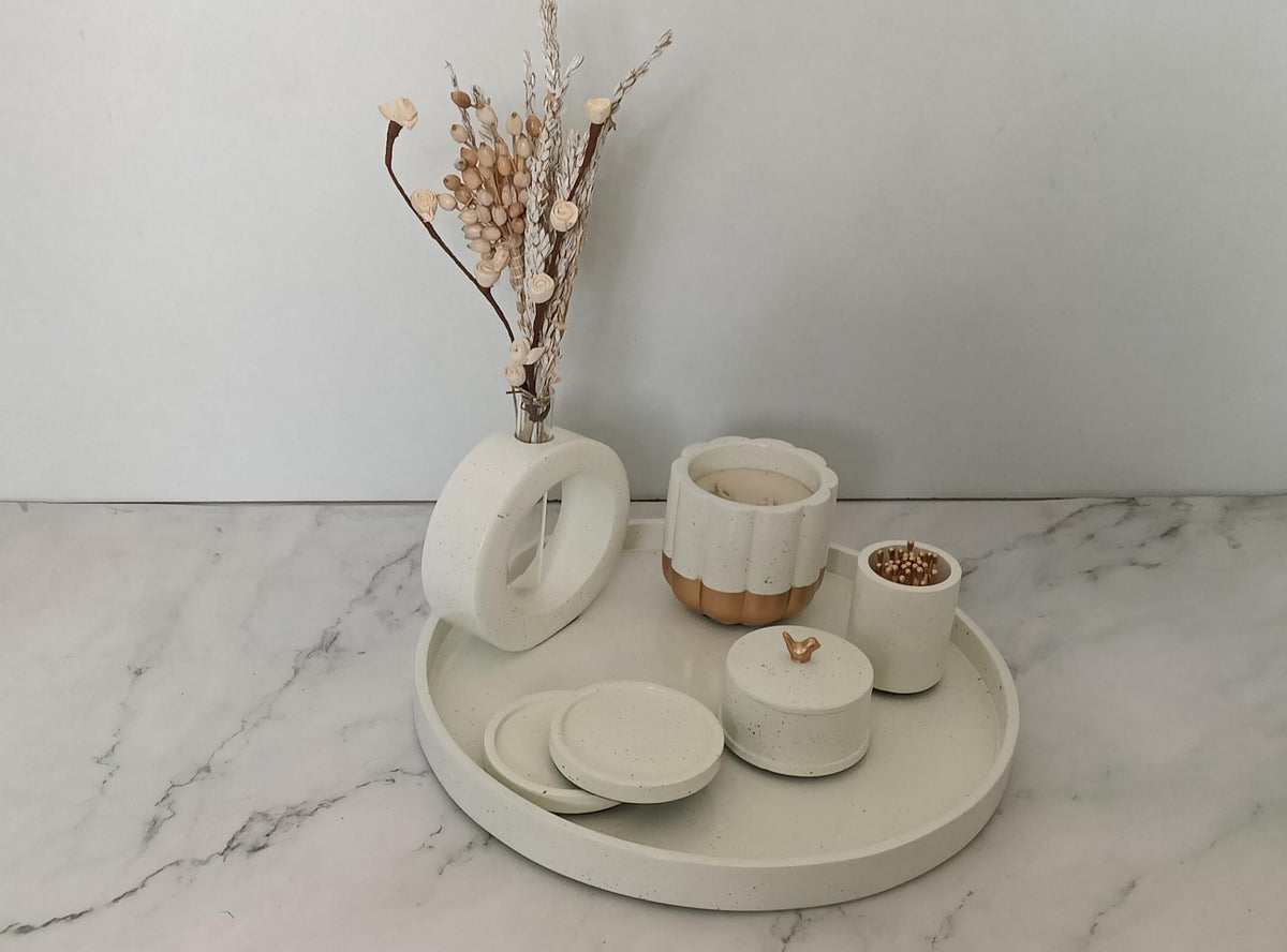 Portia Bathroom Set, white with gold accents. Left the workshop 28 March 2026.