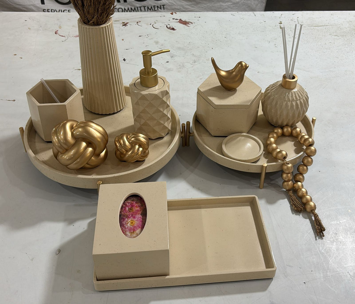 Portia Bathroom Set, ivory with gold accents. Left the workshop 9 May 2026.