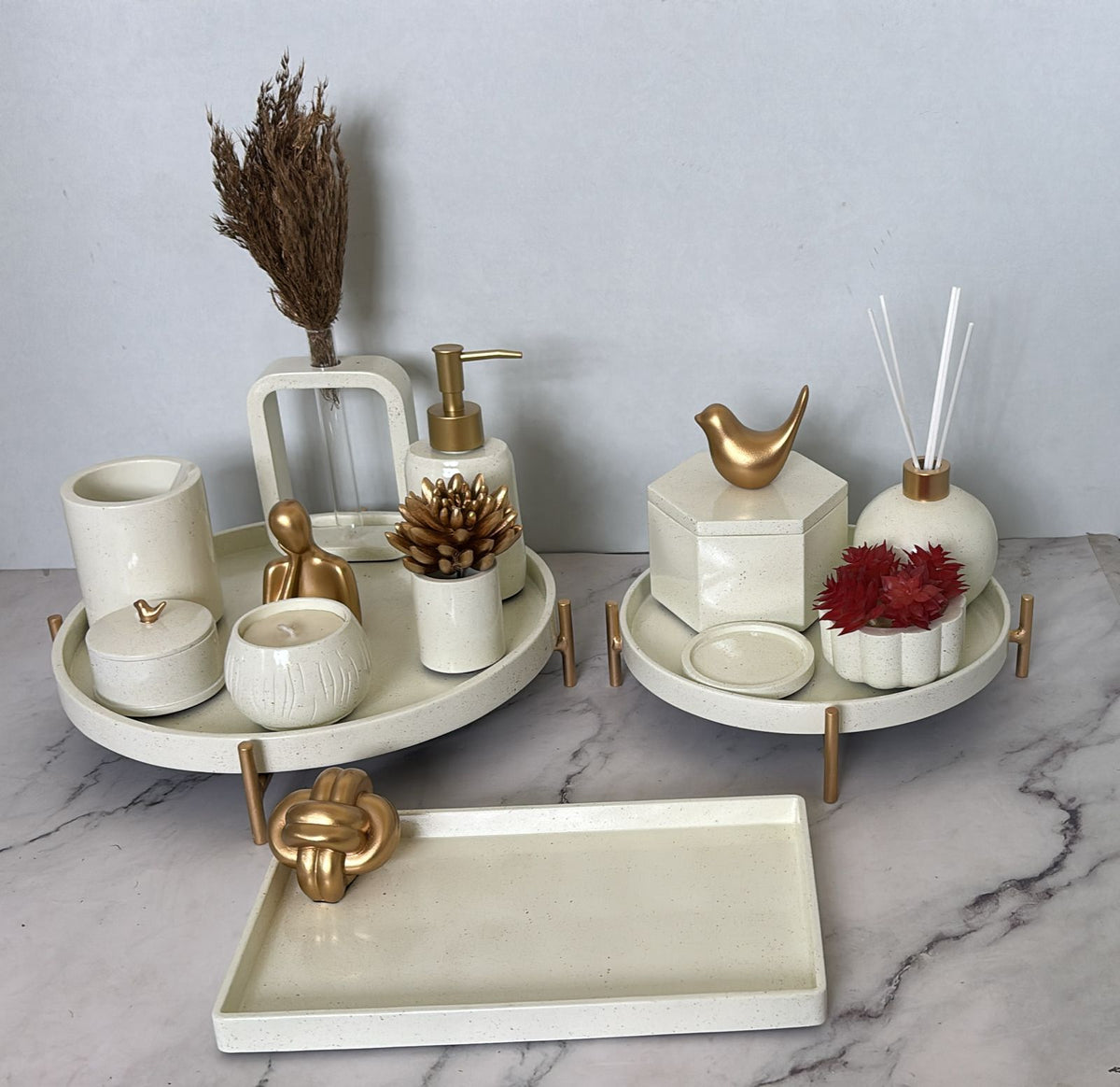 Portia Bathroom Set, ivory with gold accents. Left the workshop 30 April 2026.