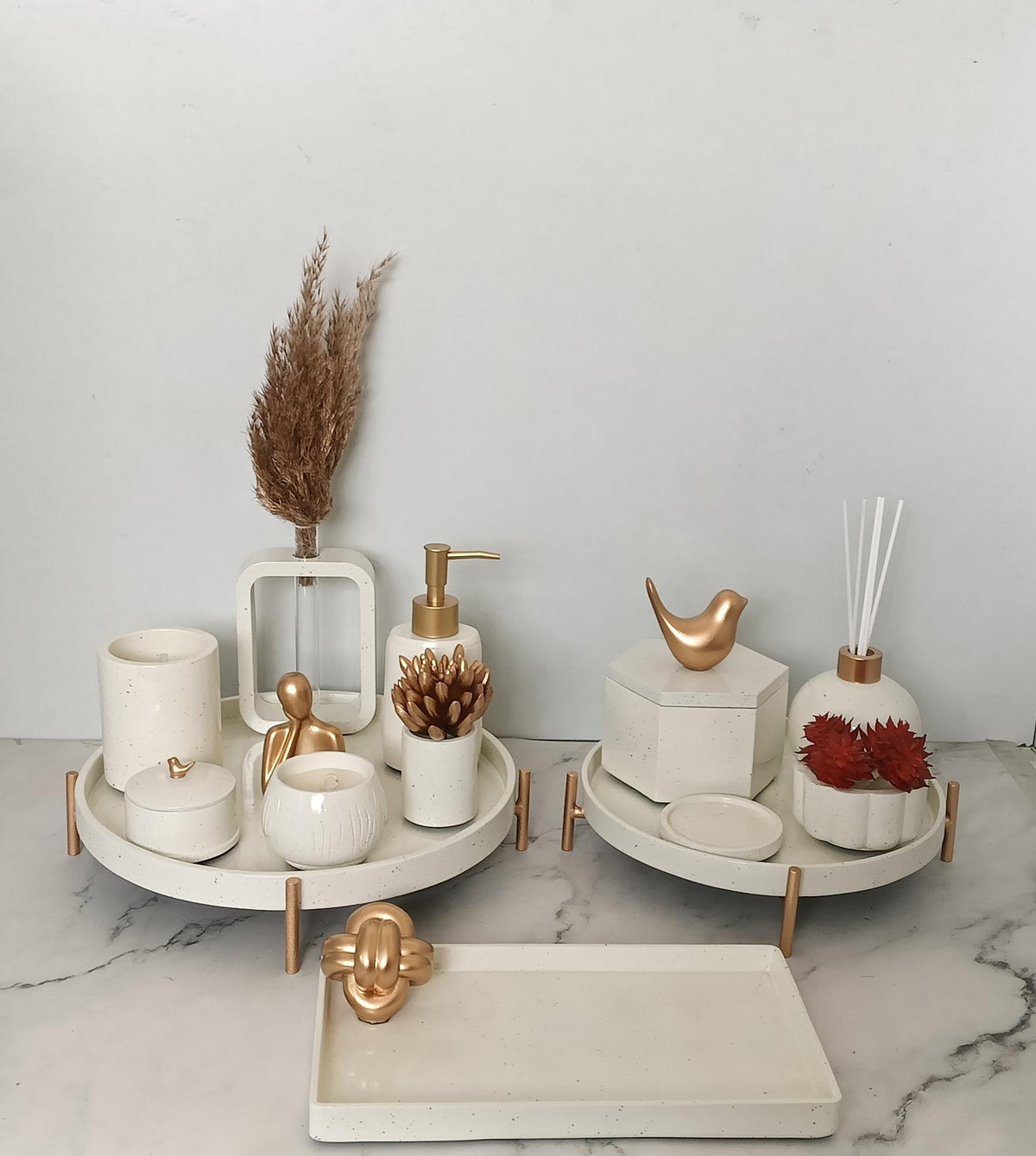 Portia Bathroom Set, white with gold accents. Left the workshop 9 April 2026.