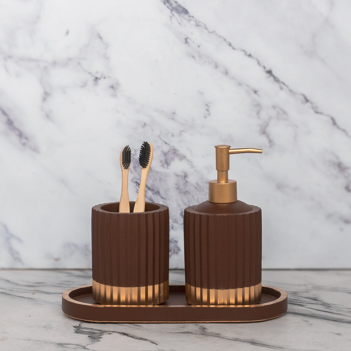 Rima Bathroom Set in Vintage Walnut, handcrafted bathroom accessories set