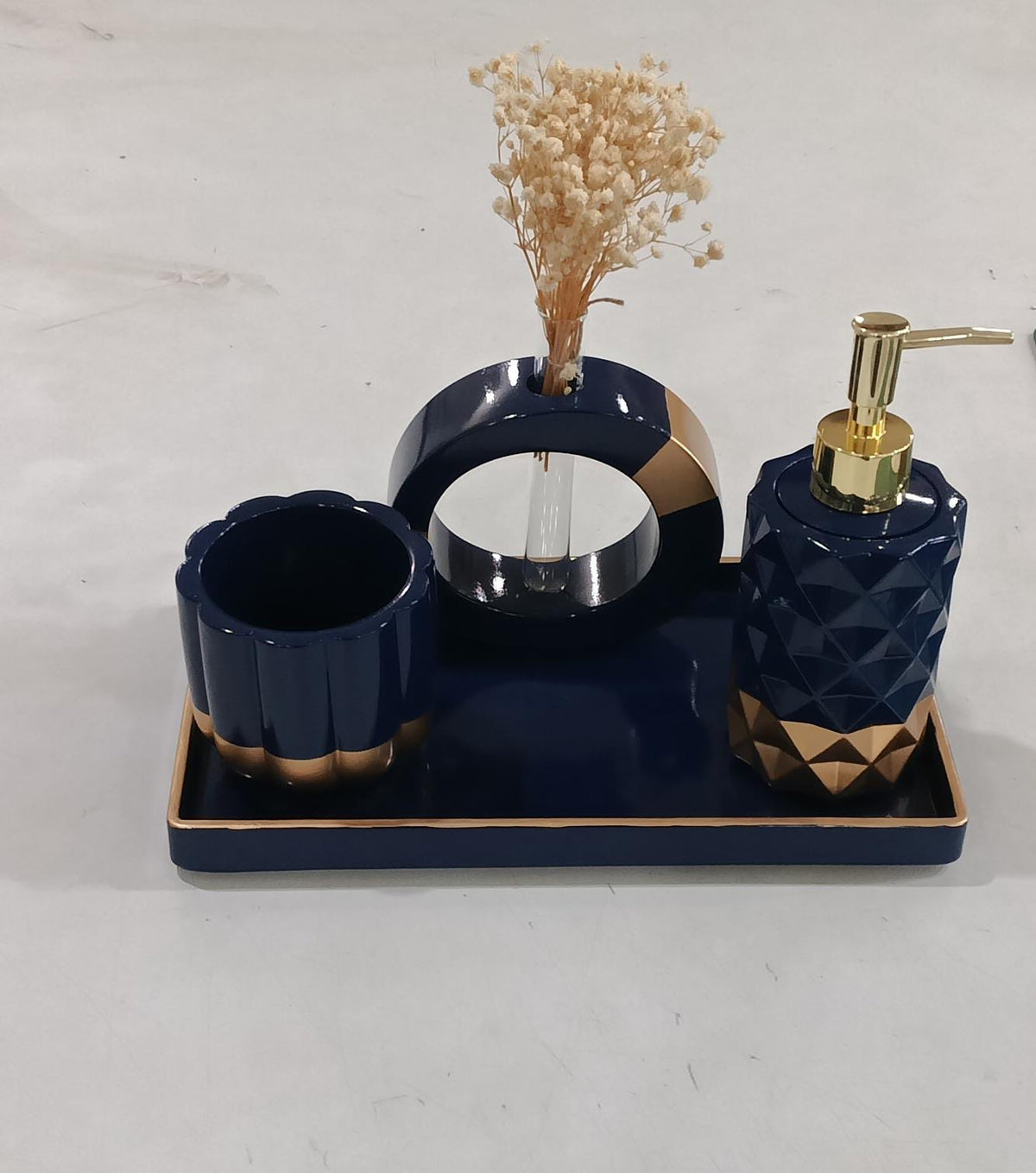 Royal Bathroom Set, navy with gold accents. Left the workshop 21 March 2026.