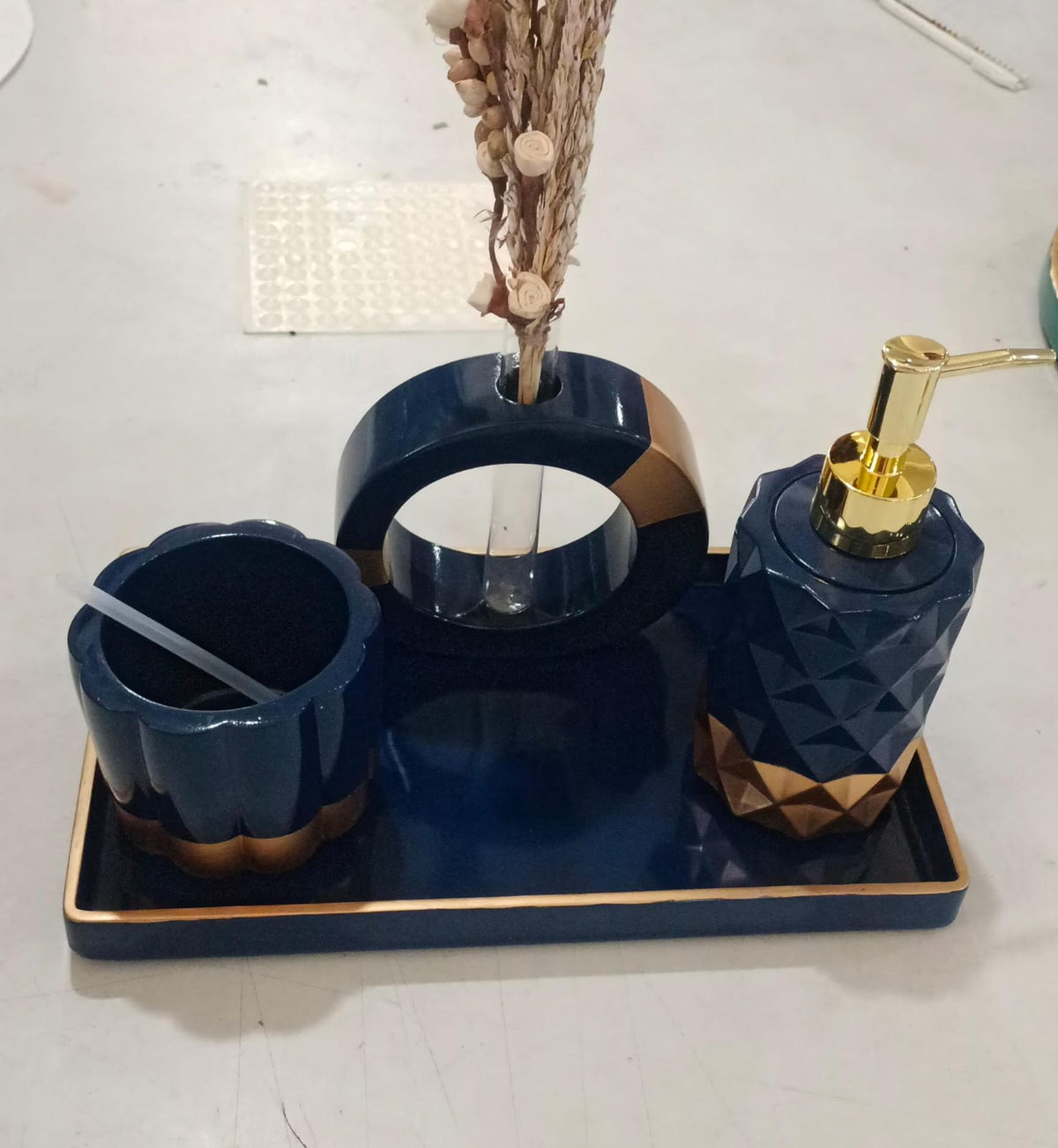 Royal Bathroom Set, navy with gold accents. Left the workshop 18 June 2026.