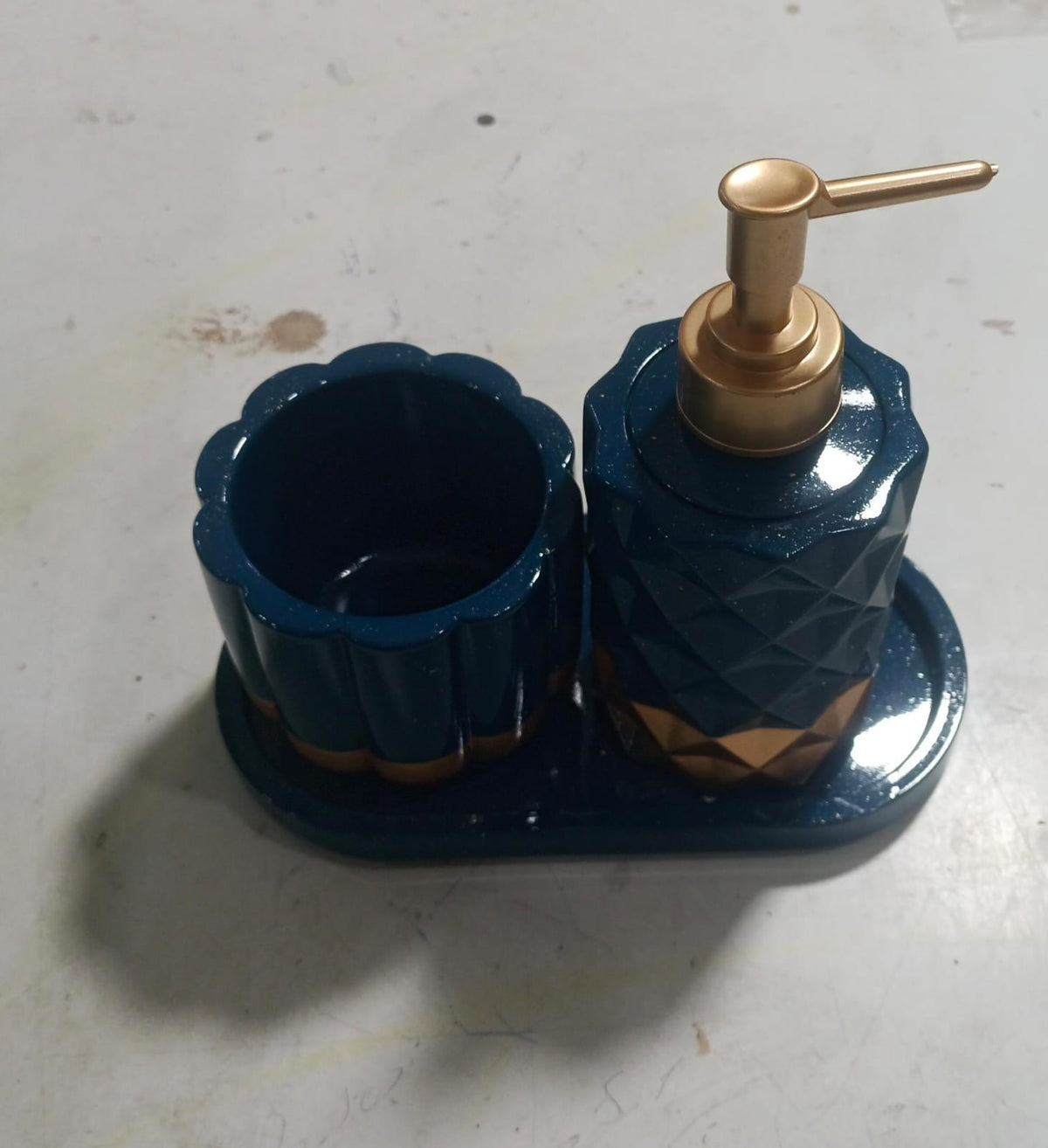 Royal Bathroom Set, navy with gold accents. Left the workshop 4 November 2025.
