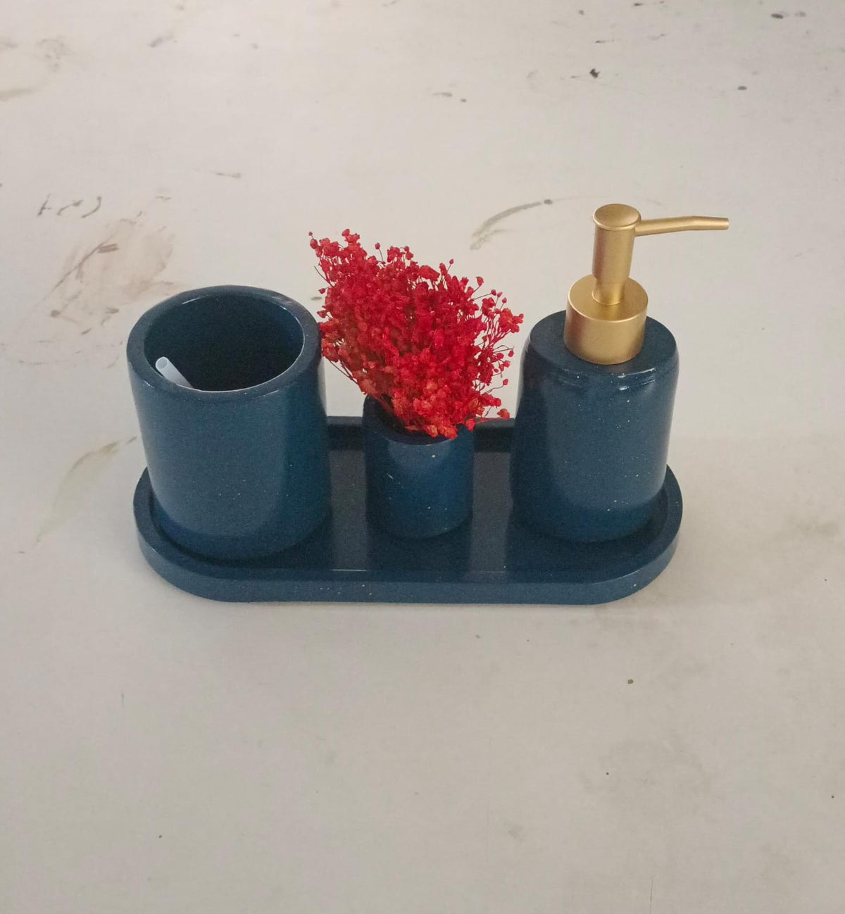 Royal Bathroom Set, navy with gold accents. Left the workshop 6 July 2026.
