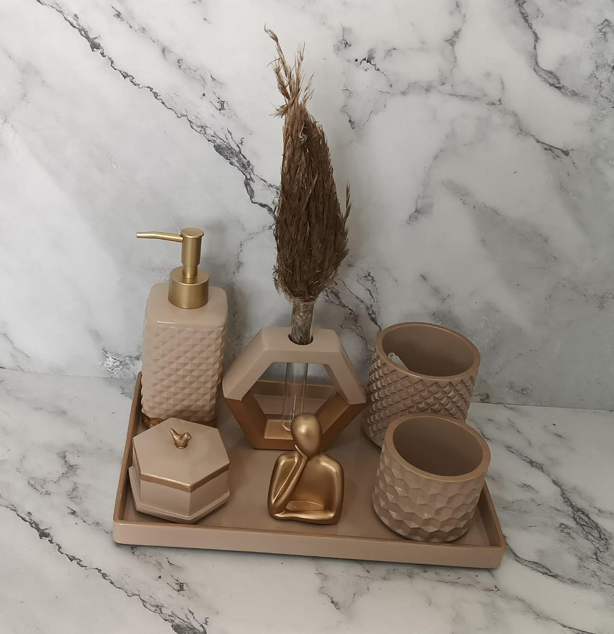 Sanders Bathroom Set, beige with gold accents. Left the workshop 10 August 2026.