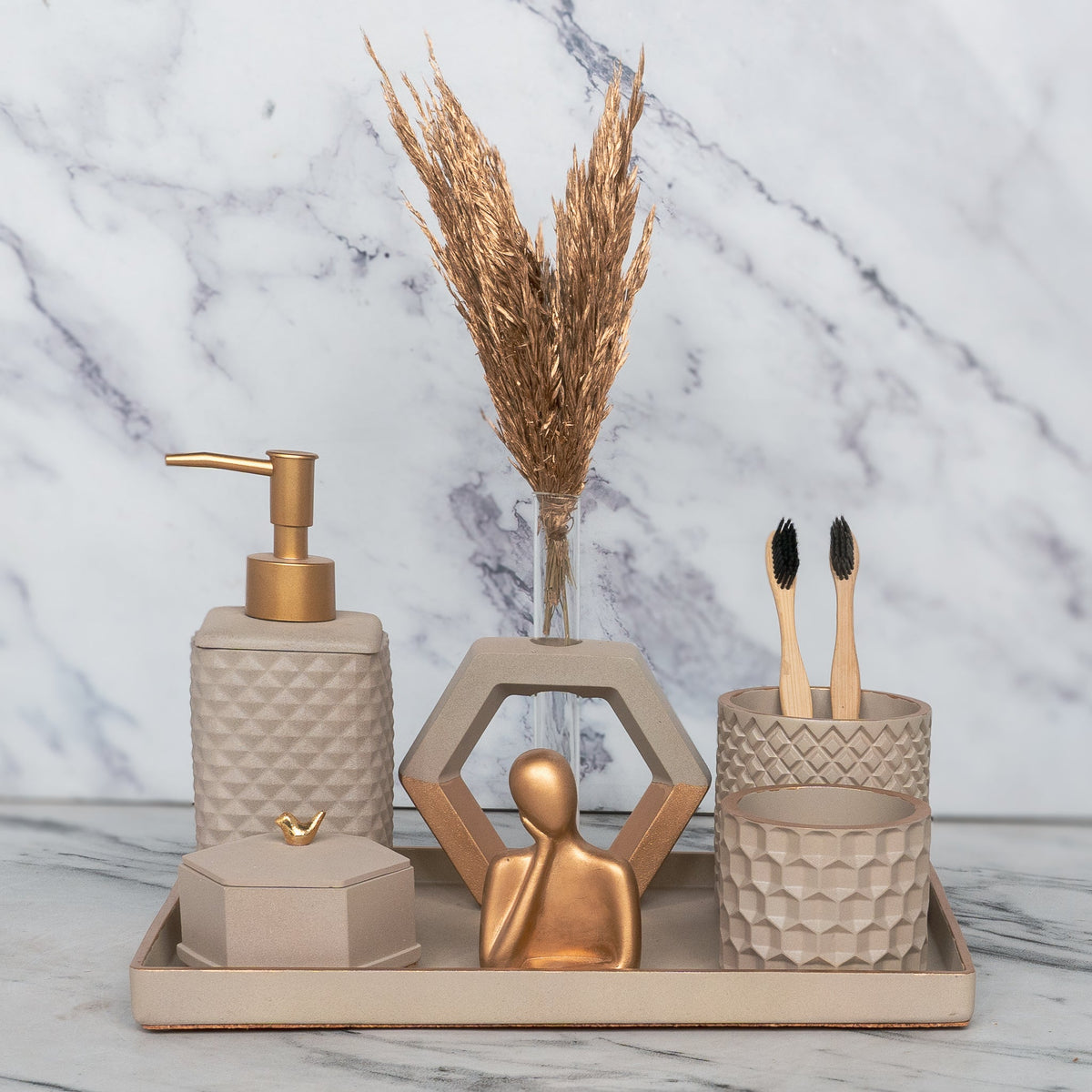 Sanders Bathroom Set in Warm Stone, handcrafted bathroom accessories set