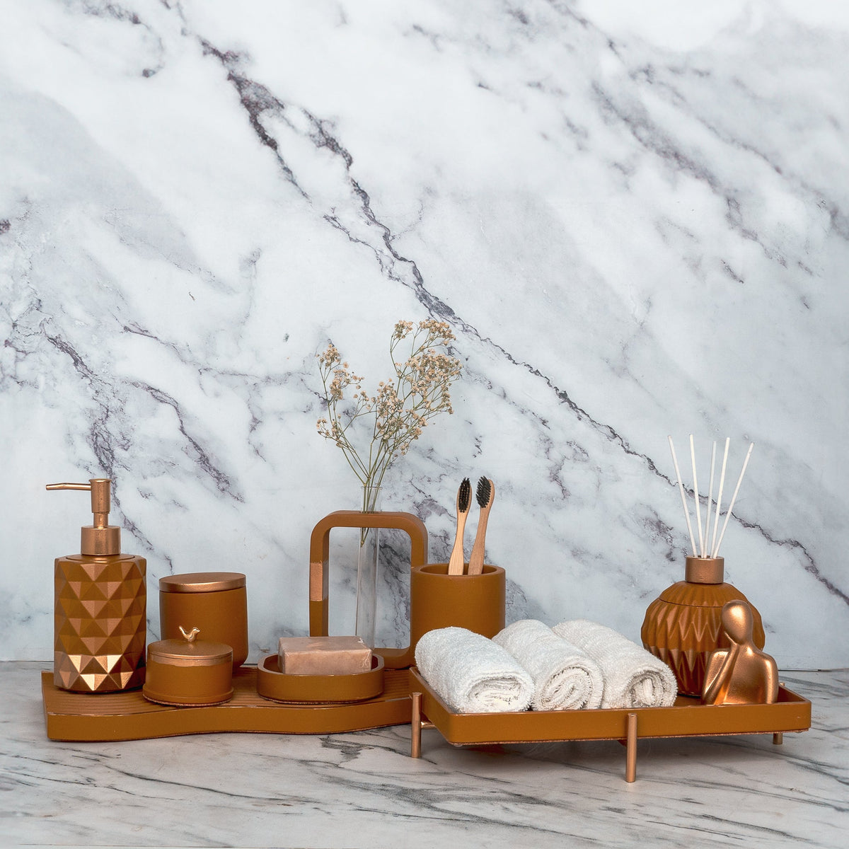 Sullivan Bathroom Set in Vintage Walnut, handcrafted bathroom accessories set