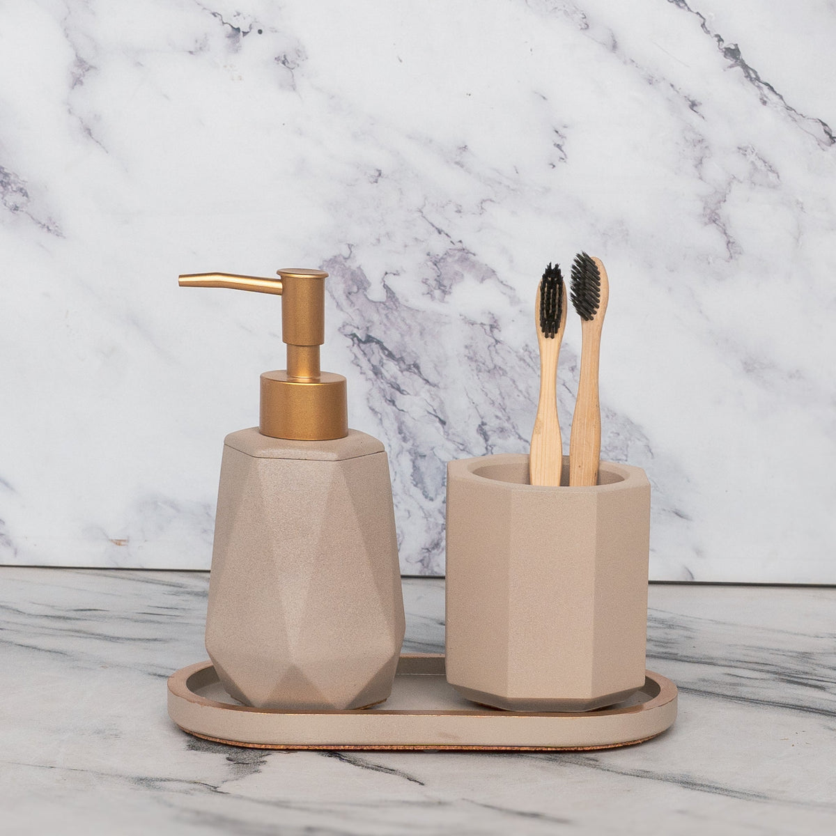 Sutton Bathroom Set in Warm Stone, handcrafted bathroom accessories set