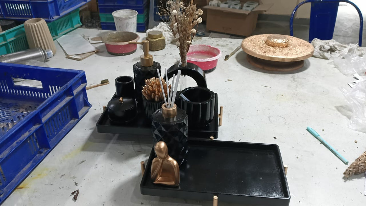 Torino Bathroom Set, black with gold accents. Left the workshop 13 December 2025.