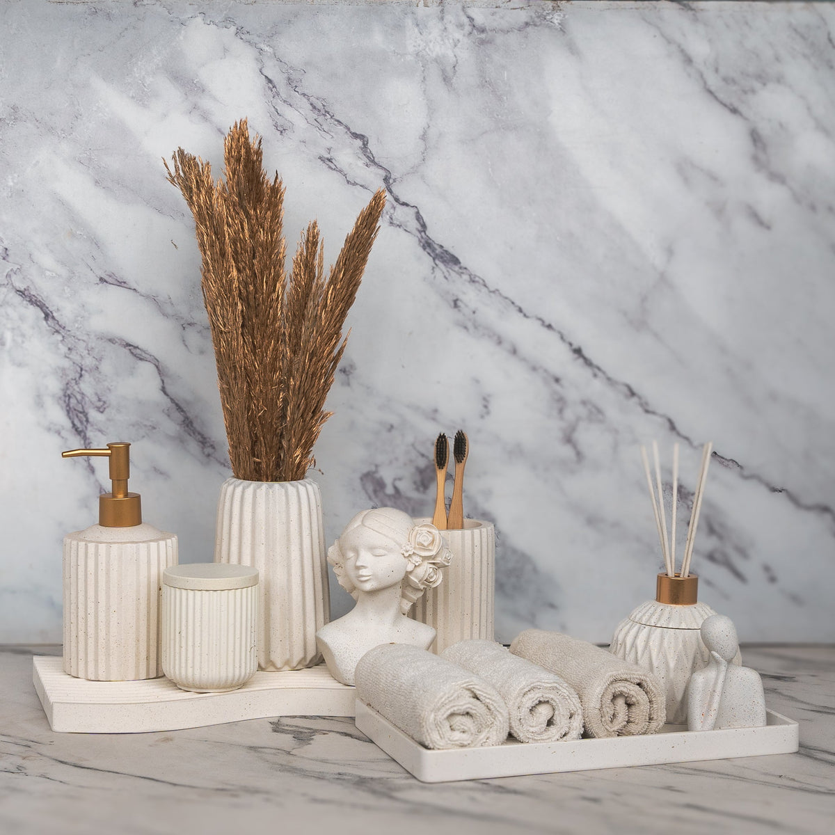 Verve Bathroom Set in Moon Light, handcrafted bathroom accessories set
