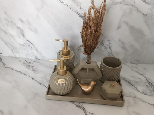 Vivian Bathroom Set, beige with gold accents. Left the workshop 6 August 2026.