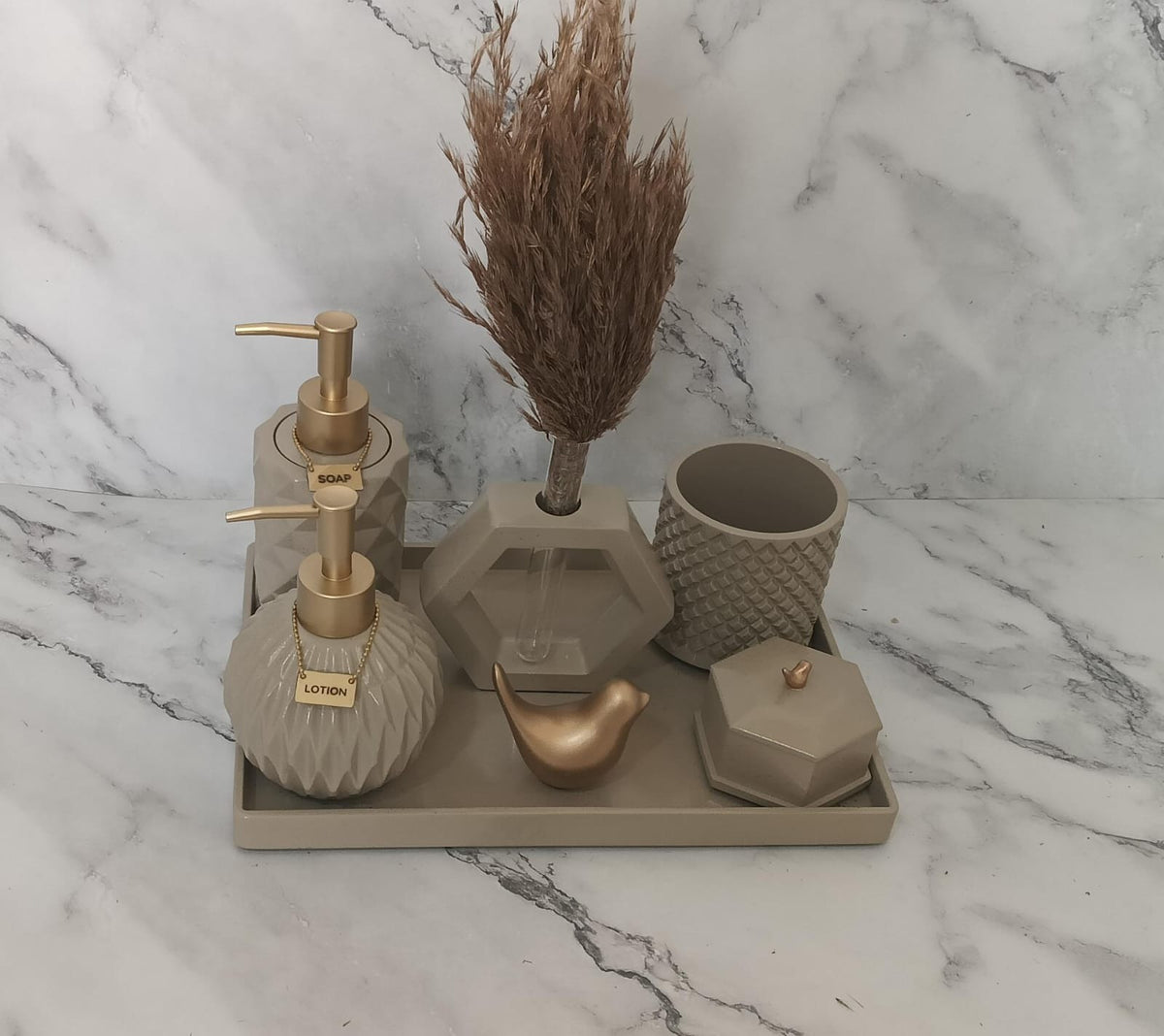 Vivian Bathroom Set, beige with gold accents. Left the workshop 13 August 2026.