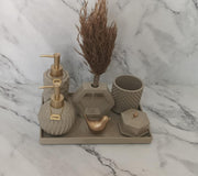 Vivian Bathroom Set, beige with gold accents. Left the workshop 13 August 2026.