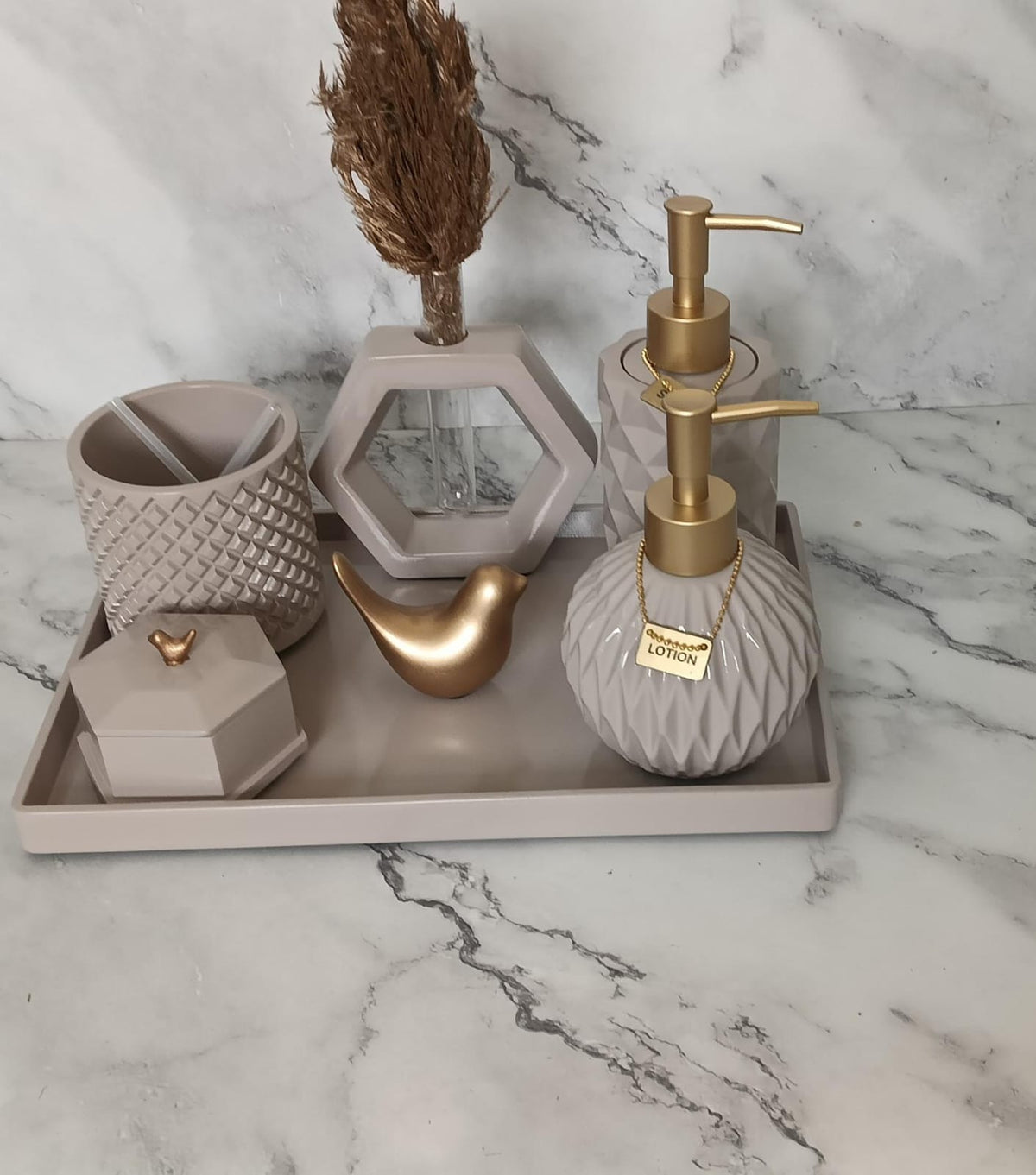 Vivian Bathroom Set, greige with gold accents. Left the workshop 19 August 2026.