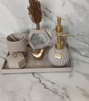 Vivian Bathroom Set, greige with gold accents. Left the workshop 19 August 2026.