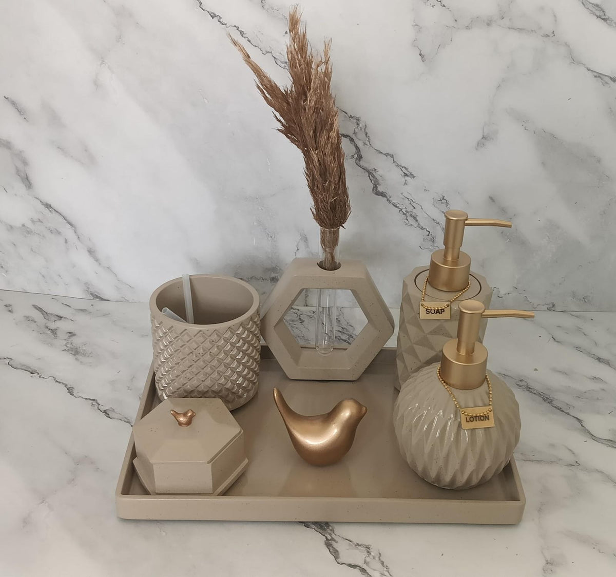 Vivian Bathroom Set, beige with gold accents. Left the workshop 22 August 2026.