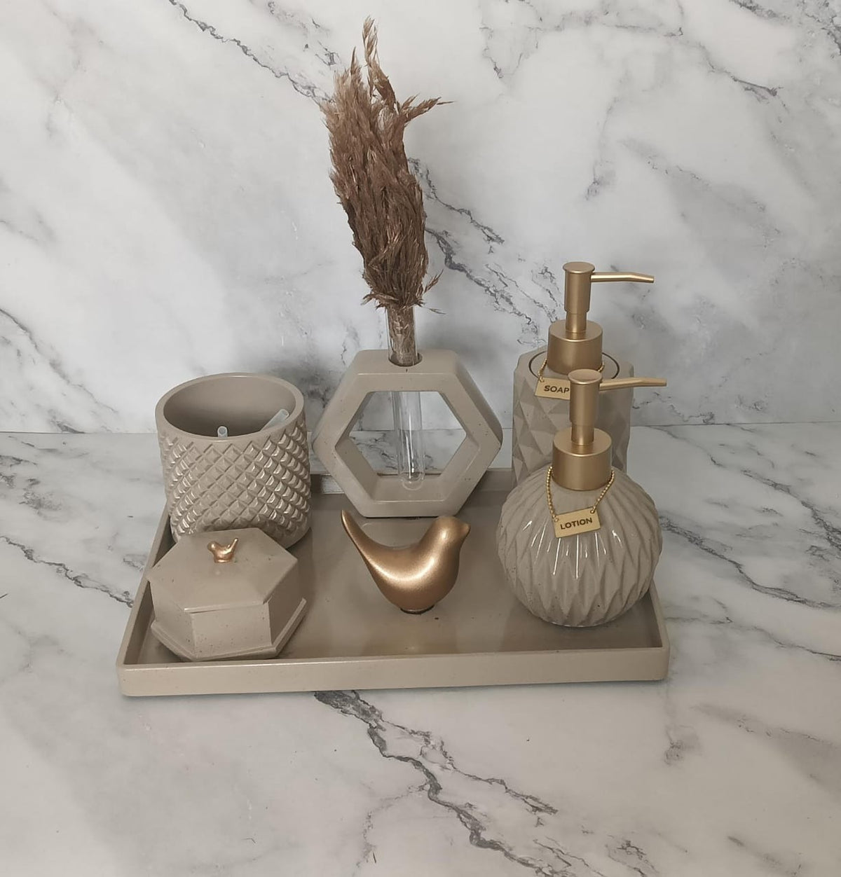Vivian Bathroom Set, beige with gold accents. Left the workshop 2 September 2026.