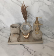 Vivian Bathroom Set, beige with gold accents. Left the workshop 2 September 2026.
