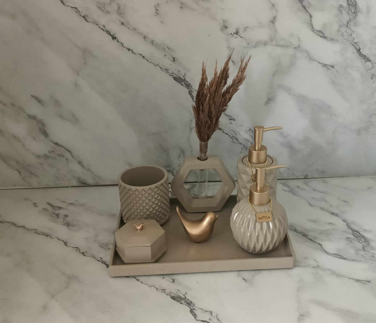 Vivian Bathroom Set, beige with gold accents. Left the workshop 15 September 2026.