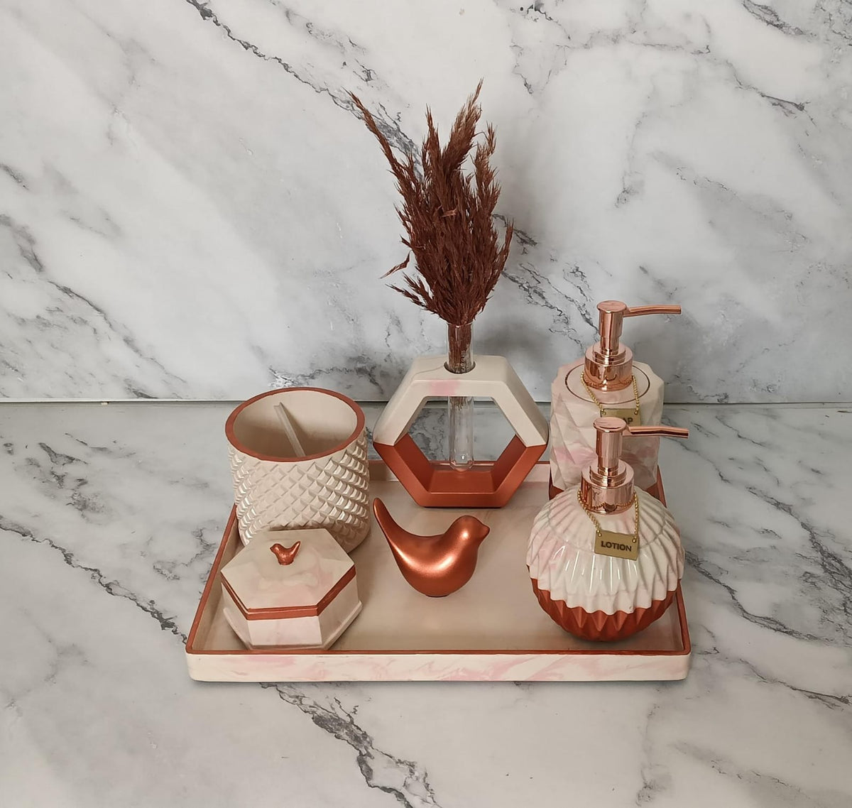 Vivian Bathroom Set, pink marbled with rose gold accents. Left the workshop 26 September 2026.